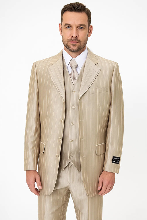 Zoot Suit - Shiny Gold Champaign Mens Harlem Gangster Suit 1920s Tan Stripe Fortino 2911V