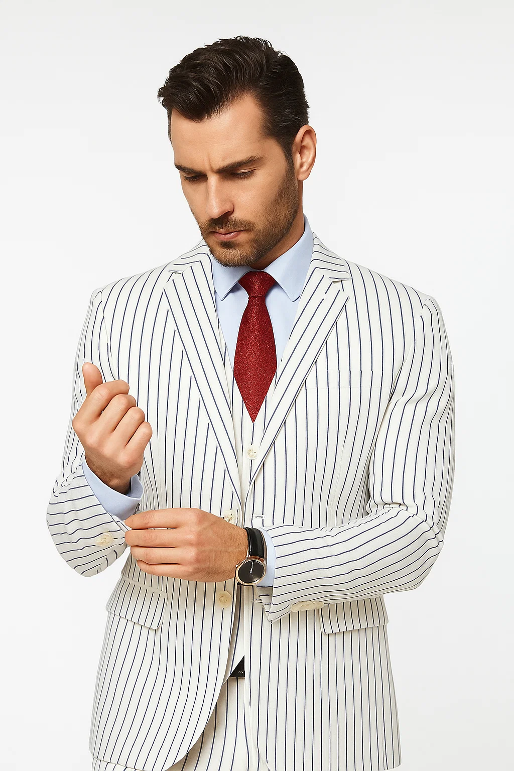 SKU#JA60387 White Suit With Black Pinstripe - 1920's 1940's Dress Suit