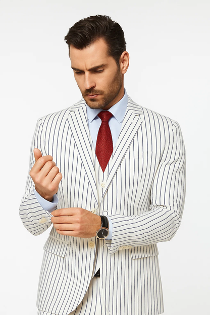 SKU#JA60387 White Suit With Black Pinstripe - 1920's 1940's Dress Suit