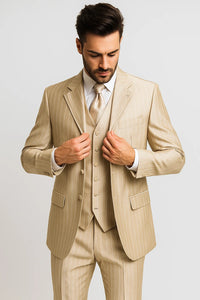 Zoot Suit - Shiny Gold Champaign Mens Harlem Gangster Suit 1920s Tan Stripe Fortino 2911V