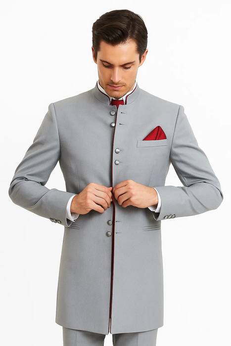 Mandarin Collar Tuxedo - Mandarin Tuxedo - No Collar Suit - Light Grey Suit