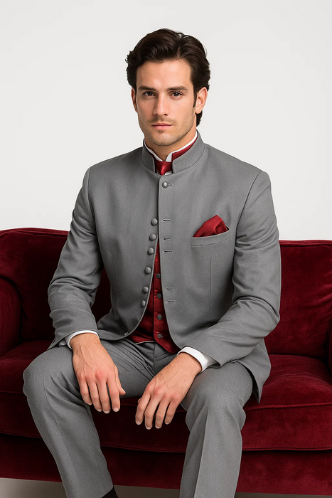 Mandarin Collar Tuxedo - Mandarin Tuxedo - No Collar Suit - Light Grey Suit