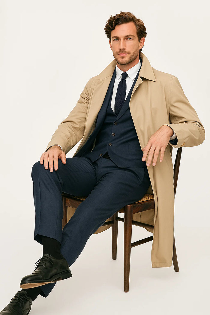 Mens Beige Trench Coat – Classic Long Overcoat with Button Front - Raincoat in Khaki Color - Image 8