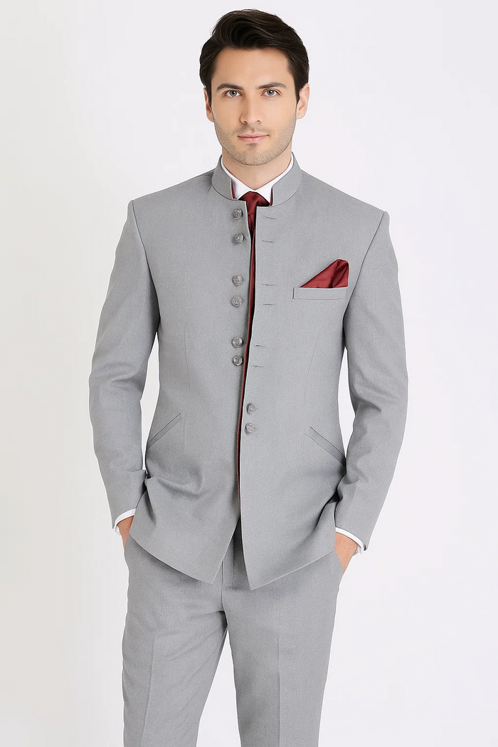 Mandarin Collar Tuxedo - Mandarin Tuxedo - No Collar Suit - Light Grey Suit - Image 7