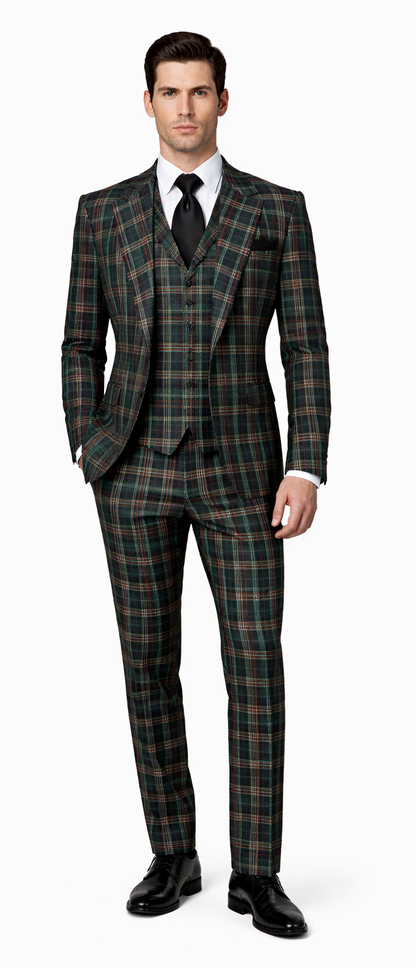 Suits With Baggy Pleated Pants - Wide Leg Pants 100% Wool - Classic Fit in Green Color by Rossiman