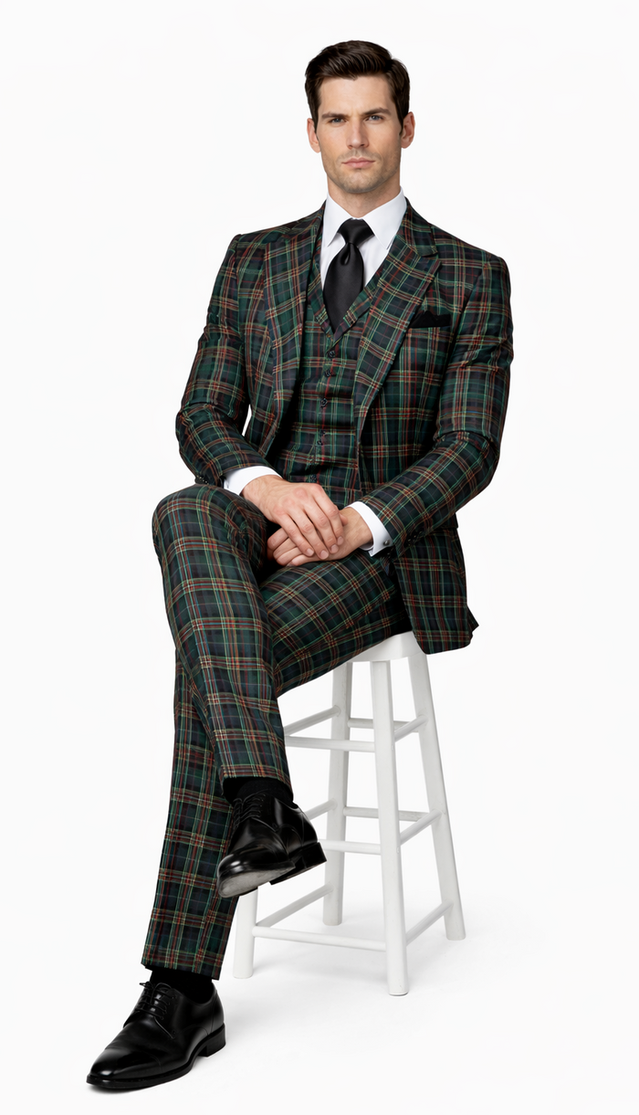 Suits With Baggy Pleated Pants - Wide Leg Pants 100% Wool - Classic Fit in Green Color by Rossiman