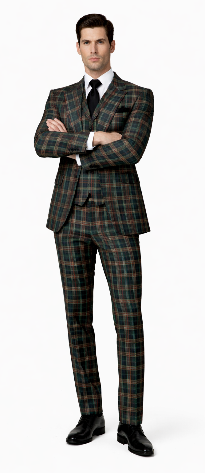 Suits With Baggy Pleated Pants - Wide Leg Pants 100% Wool - Classic Fit in Green Color by Rossiman