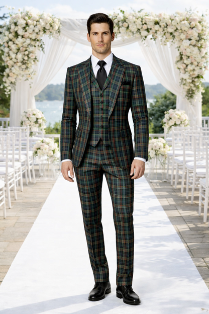 Suits With Baggy Pleated Pants - Wide Leg Pants 100% Wool - Classic Fit in Green Color by Rossiman