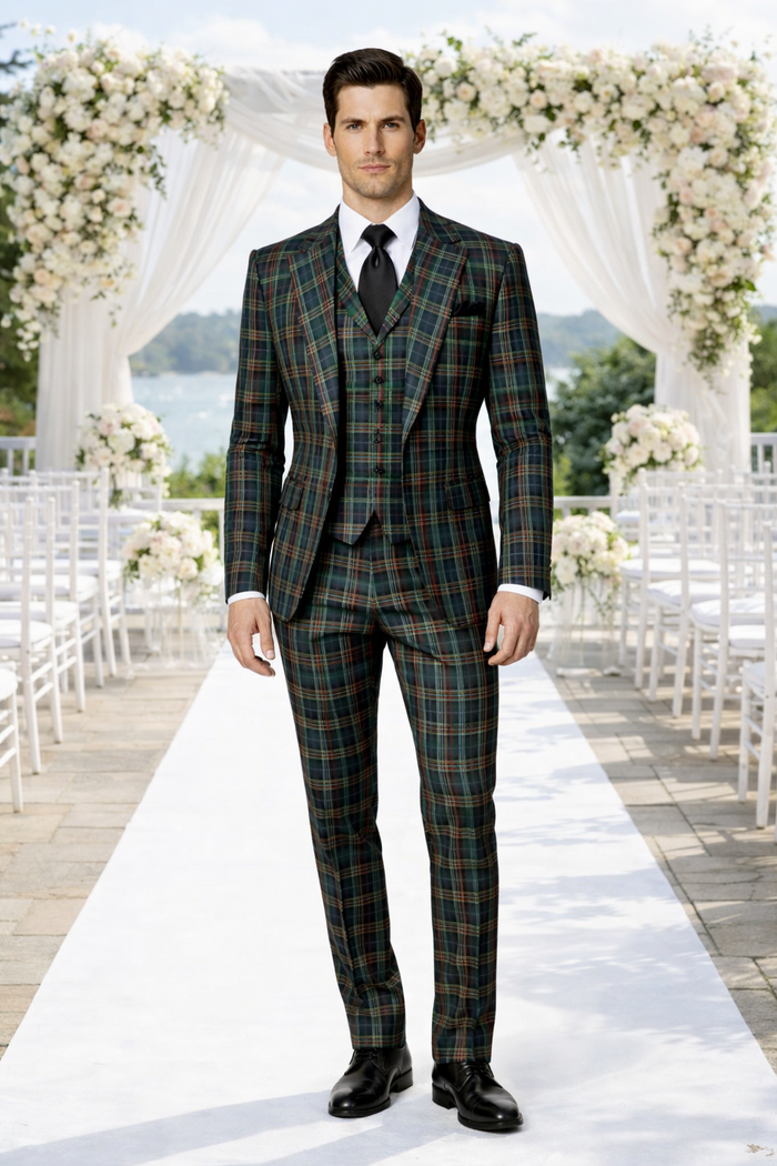 Suits With Baggy Pleated Pants - Wide Leg Pants 100% Wool - Classic Fit in Green Color by Rossiman