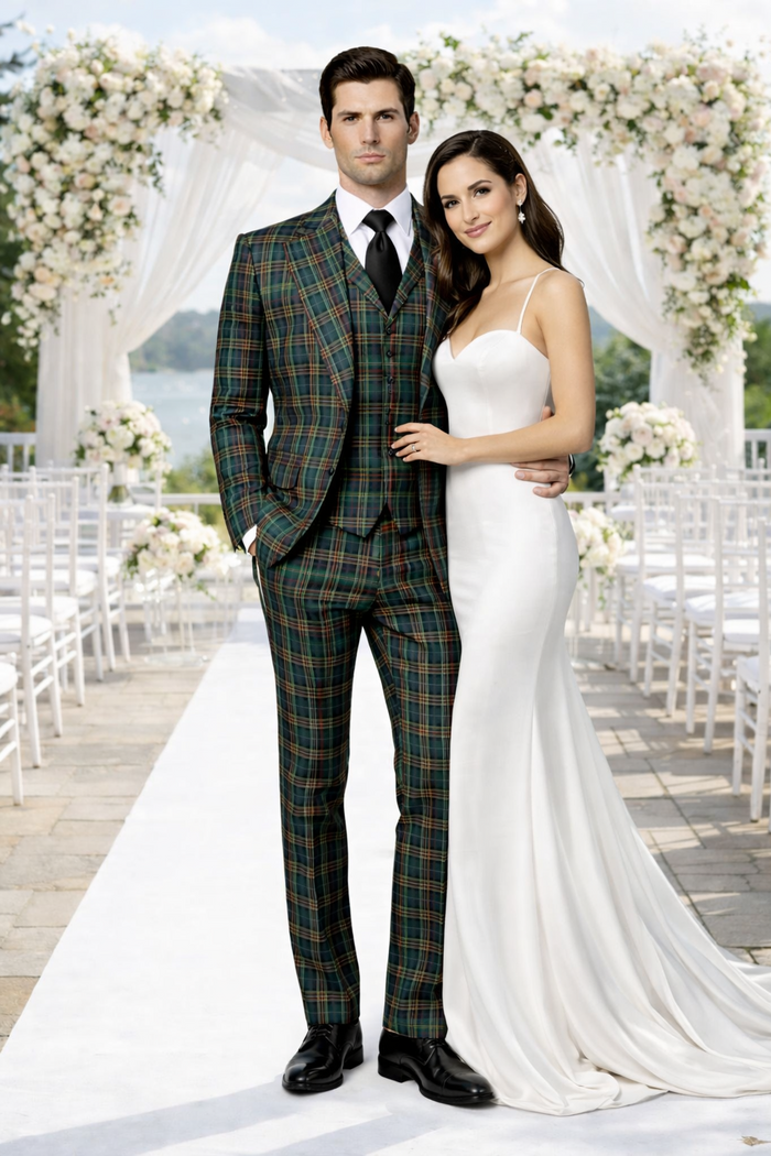 Suits With Baggy Pleated Pants - Wide Leg Pants 100% Wool - Classic Fit in Green Color by Rossiman