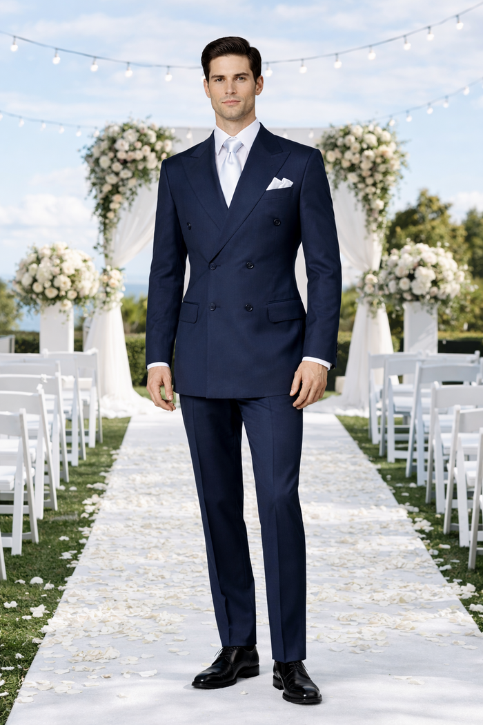 Suits With Baggy Pleated Pants - Wide Leg Pants Wool Suit - Classic Fit in Navy Color by Rossiman