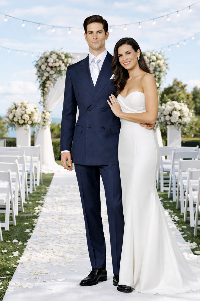 Suits With Baggy Pleated Pants - Wide Leg Pants Wool Suit - Classic Fit in Navy Color by Rossiman