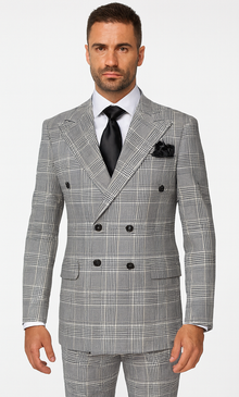 Suits With Baggy Pleated Pants - Wide Leg Pants 100% Wool - Classic Fit in Black and White Plaid Color by Rossiman