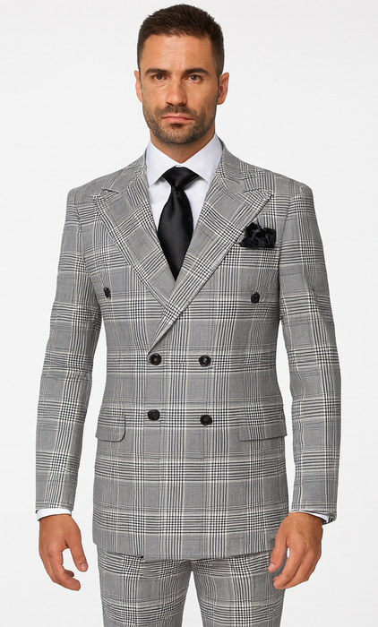 Suits With Baggy Pleated Pants - Wide Leg Pants 100% Wool - Classic Fit in Black and White Plaid Color by Rossiman