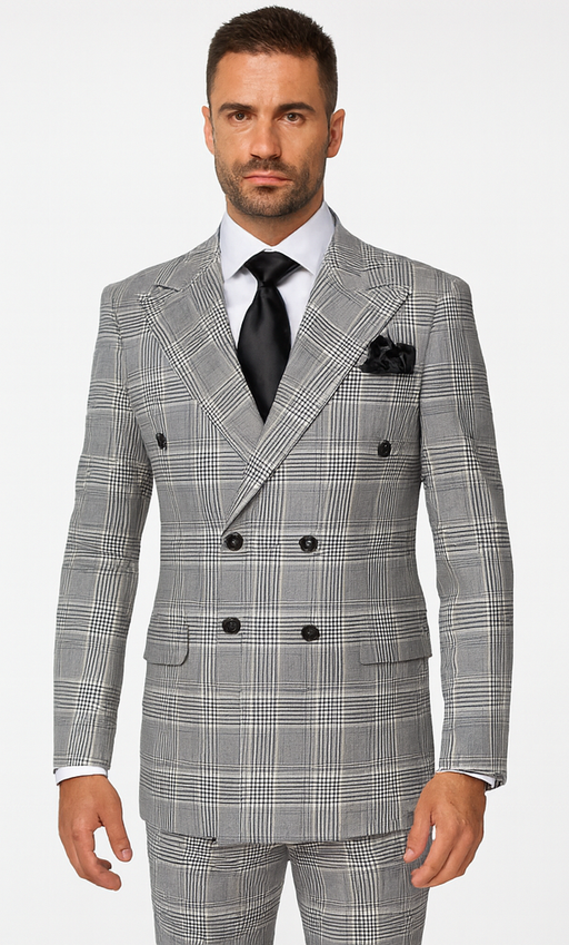 Suits With Baggy Pleated Pants - Wide Leg Pants 100% Wool - Classic Fit in Black and White Plaid Color by Rossiman