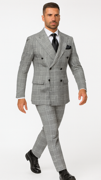 Suits With Baggy Pleated Pants - Wide Leg Pants 100% Wool - Classic Fit in Black and White Plaid Color by Rossiman