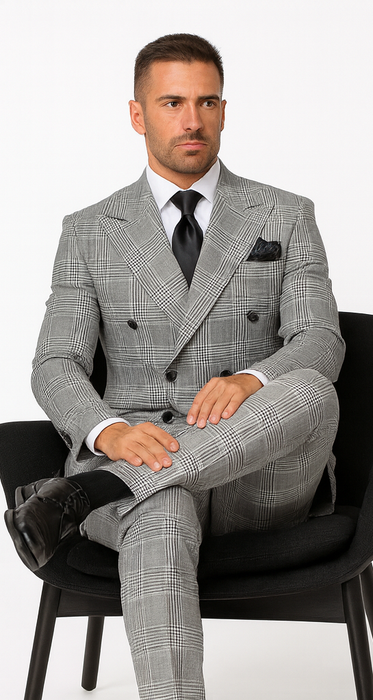 Suits With Baggy Pleated Pants - Wide Leg Pants 100% Wool - Classic Fit in Black and White Plaid Color by Rossiman