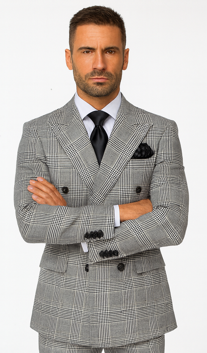 Suits With Baggy Pleated Pants - Wide Leg Pants 100% Wool - Classic Fit in Black and White Plaid Color by Rossiman