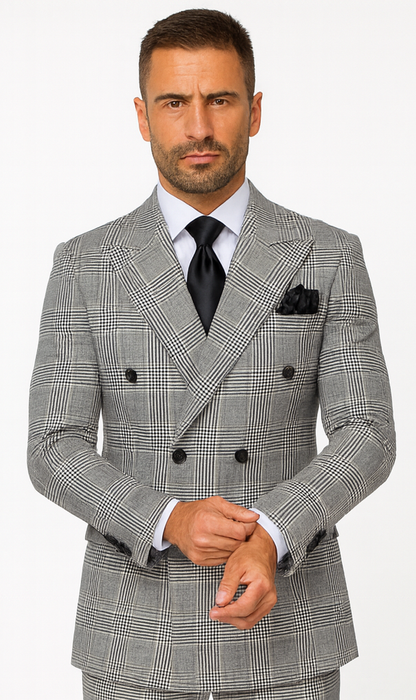 Suits With Baggy Pleated Pants - Wide Leg Pants 100% Wool - Classic Fit in Black and White Plaid Color by Rossiman