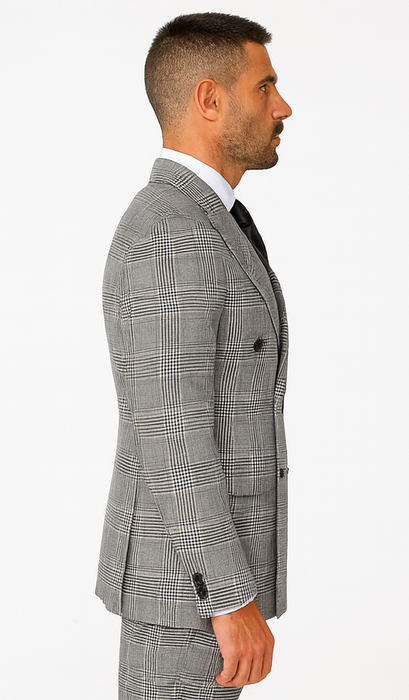 Suits With Baggy Pleated Pants - Wide Leg Pants 100% Wool - Classic Fit in Black and White Plaid Color by Rossiman