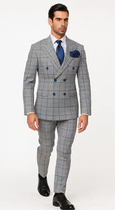 Suits With Baggy Pleated Pants - Wide Leg Pants 100% Wool - Classic Fit in Color Grey with Blue Plaid by Rossiman