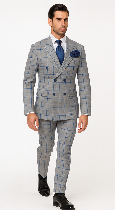 Suits With Baggy Pleated Pants - Wide Leg Pants 100% Wool - Classic Fit in Color Grey with Blue Plaid by Rossiman