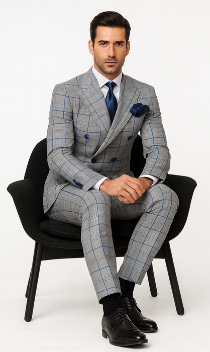 Suits With Baggy Pleated Pants - Wide Leg Pants 100% Wool - Classic Fit in Color Grey with Blue Plaid by Rossiman