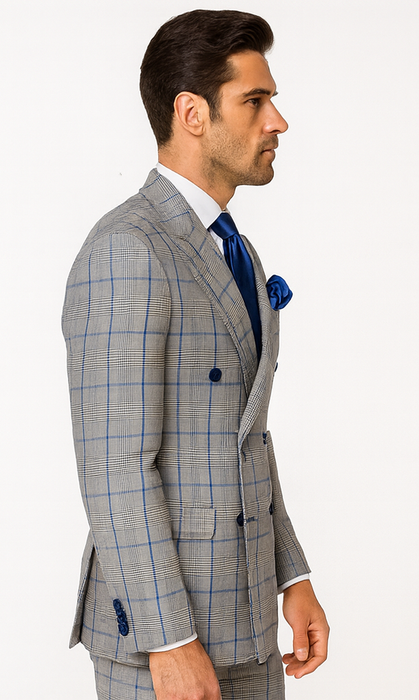 Suits With Baggy Pleated Pants - Wide Leg Pants 100% Wool - Classic Fit in Color Grey with Blue Plaid by Rossiman