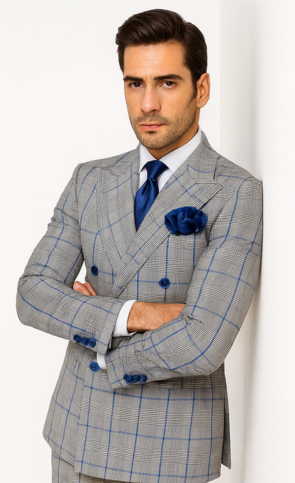 Suits With Baggy Pleated Pants - Wide Leg Pants 100% Wool - Classic Fit in Color Grey with Blue Plaid by Rossiman