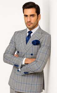 Suits With Baggy Pleated Pants - Wide Leg Pants 100% Wool - Classic Fit in Color Grey with Blue Plaid by Rossiman