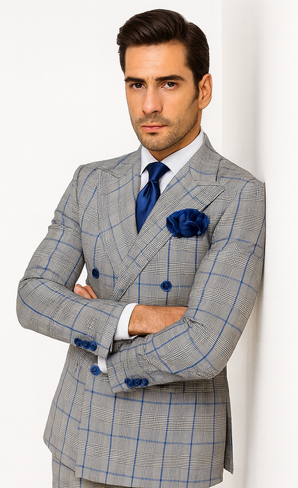 Suits With Baggy Pleated Pants - Wide Leg Pants 100% Wool - Classic Fit in Color Grey with Blue Plaid by Rossiman