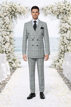 Suits With Baggy Pleated Pants - Wide Leg Pants 100% Wool - Classic Fit in Black and White Plaid Color by Rossiman