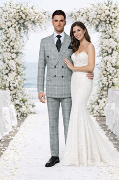 Suits With Baggy Pleated Pants - Wide Leg Pants 100% Wool - Classic Fit in Black and White Plaid Color by Rossiman