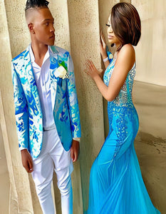 Mens Single Breasted Shawl Lapel Turquoise Suit