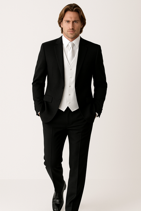 Package Deal High Quality 2-Button  Side Vented Super 120's Tuxedo + White Shirt+White Tie+White Vest
