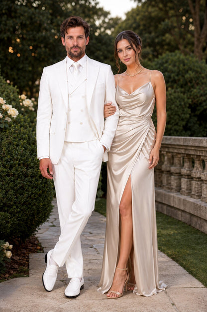 Tiglio Italian Suit - Real Wool Fabric Super 150's San Giovesse off White, Wide Leg Suit & Vest super 150" wool in Color Off White
