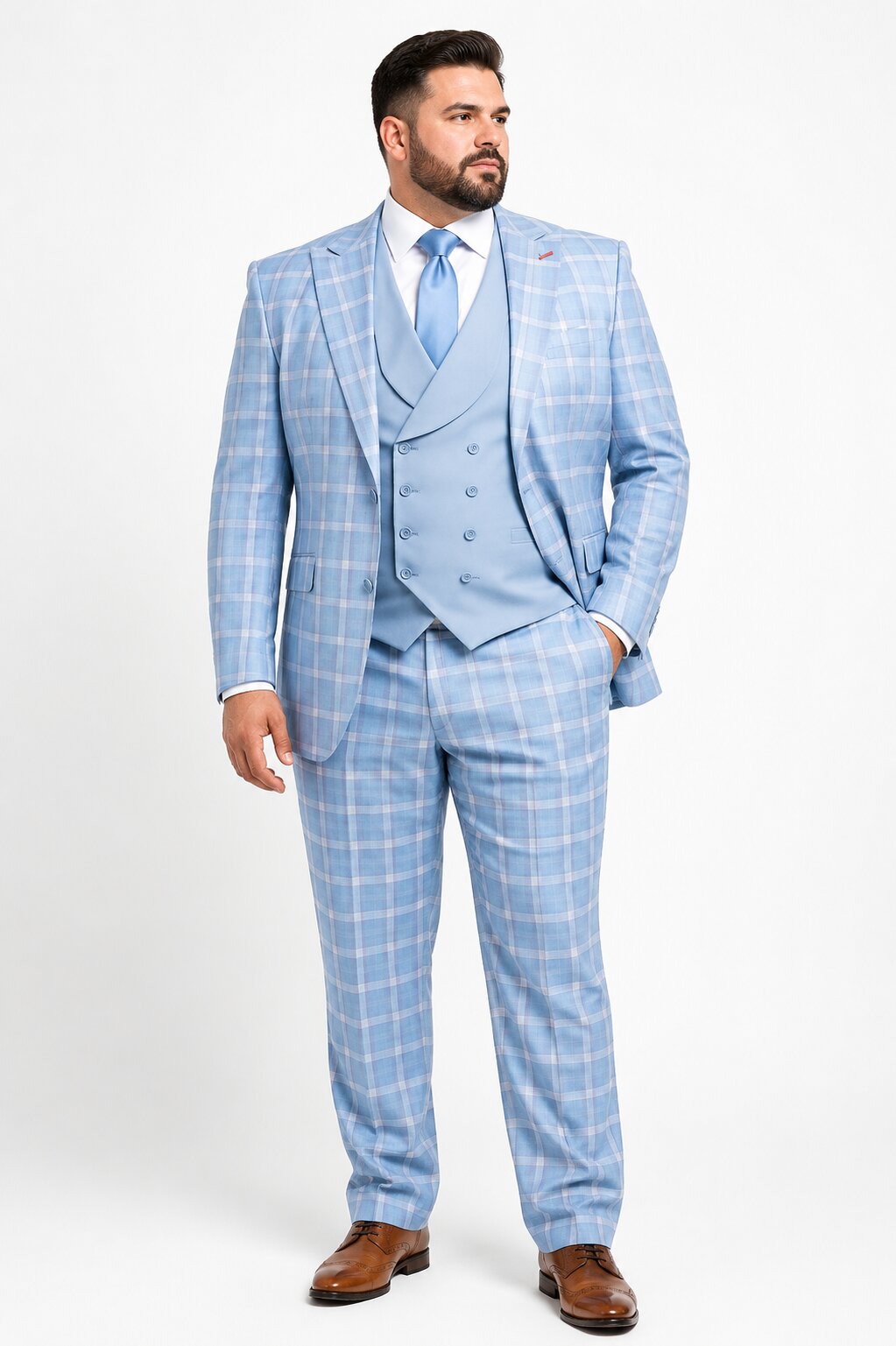 Statement Mens Modern Fit 3 Piece 100% Super 200s Wool Classic Windowpane Suit – Double Breasted Vest