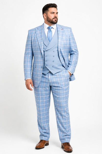 Statement Mens Modern Fit 3 Piece 100% Super 200s Wool Classic Windowpane Suit – Double Breasted Vest