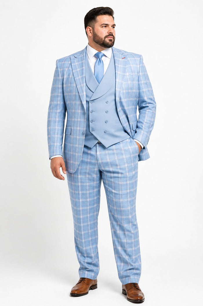 Statement Mens Modern Fit 3 Piece 100% Super 200s Wool Classic Windowpane Suit – Double Breasted Vest