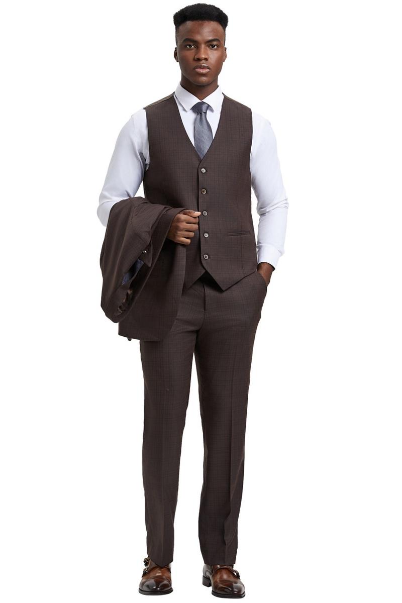Men's Stacy Adams Vested One Button Wide Peak Lapel Windowpane Plaid Suit in Brown - Image 5