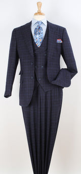 Mens Suit With Pleated Pants - Semi Wide Leg 100% Wool Super 150's Big Peak Lapel Classic Fit Athletic Cut With Double breasted Vest in Blue Check