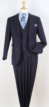 Mens Suit With Pleated Pants - Semi Wide Leg 100% Wool Super 150's Big Peak Lapel Classic Fit Athletic Cut With Double breasted Vest in Blue Check