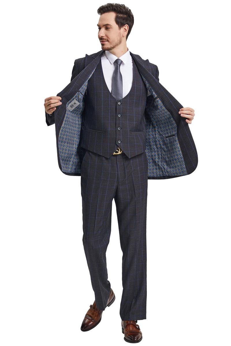 Men's Stacy Adams Peak Lapel Charcoal Grey Windowpane Plaid Suit with a Scoop Neck Vest - Image 3