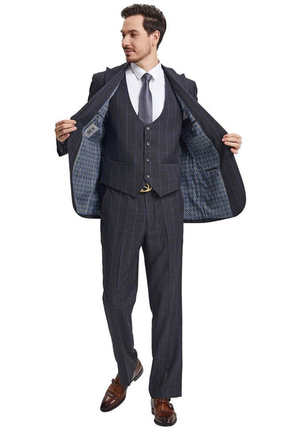 Men's Stacy Adams Peak Lapel Charcoal Grey Windowpane Plaid Suit with a Scoop Neck Vest - Image 3