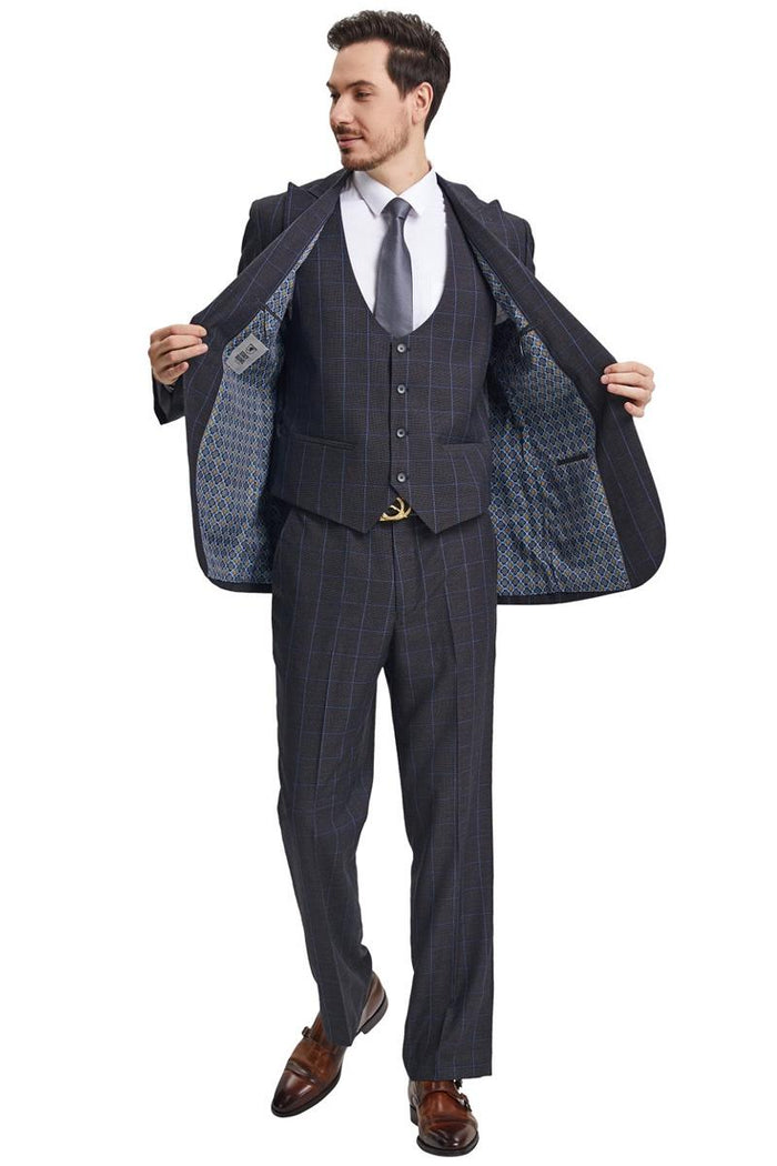 Men's Stacy Adams Peak Lapel Charcoal Grey Windowpane Plaid Suit with a Scoop Neck Vest - Image 3