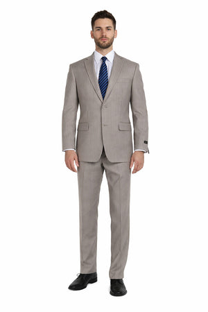 Tan ~ Beige Pinstripe 2 Button Suit  Side Vented Suit Regular Modern Fit Suits Flat Front Pants