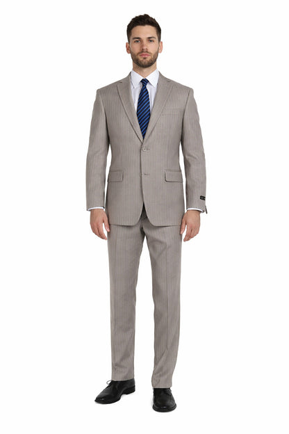 Tan ~ Beige Pinstripe 2 Button Suit  Side Vented Suit Regular Modern Fit Suits Flat Front Pants