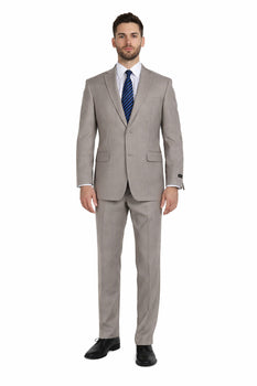 Tan ~ Beige Pinstripe 2 Button Suit Side Vented Suit Regular Modern Fit Suits Flat Front Pants