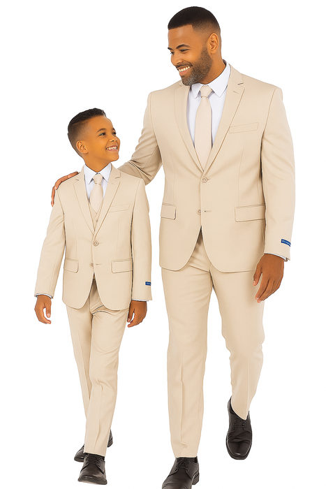 Father and Son Suits - Tan Boys Suit Perry Ellis Vested Boy's Wedding Suit in Tan