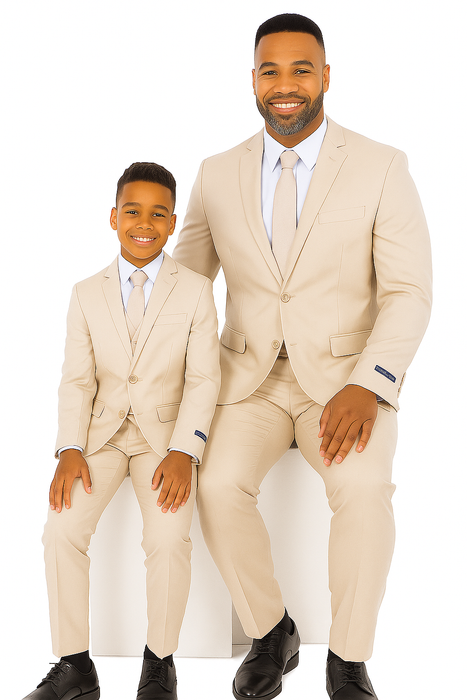 Father and Son Suits - Tan Boys Suit Perry Ellis Vested Boy's Wedding Suit in Tan